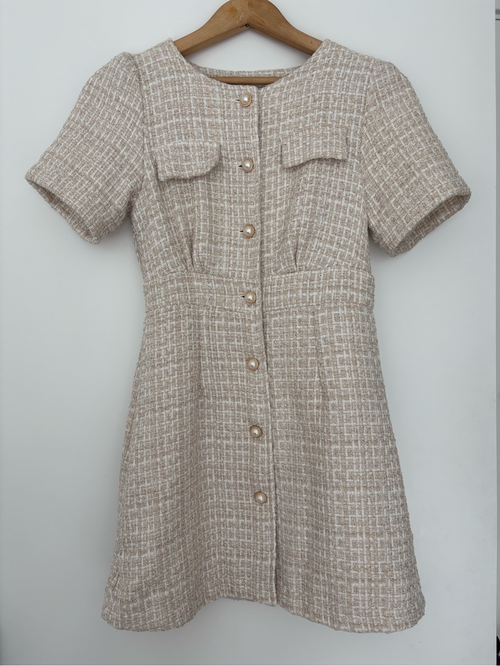 Classic Tweed Short Sleeve Dress in Beige